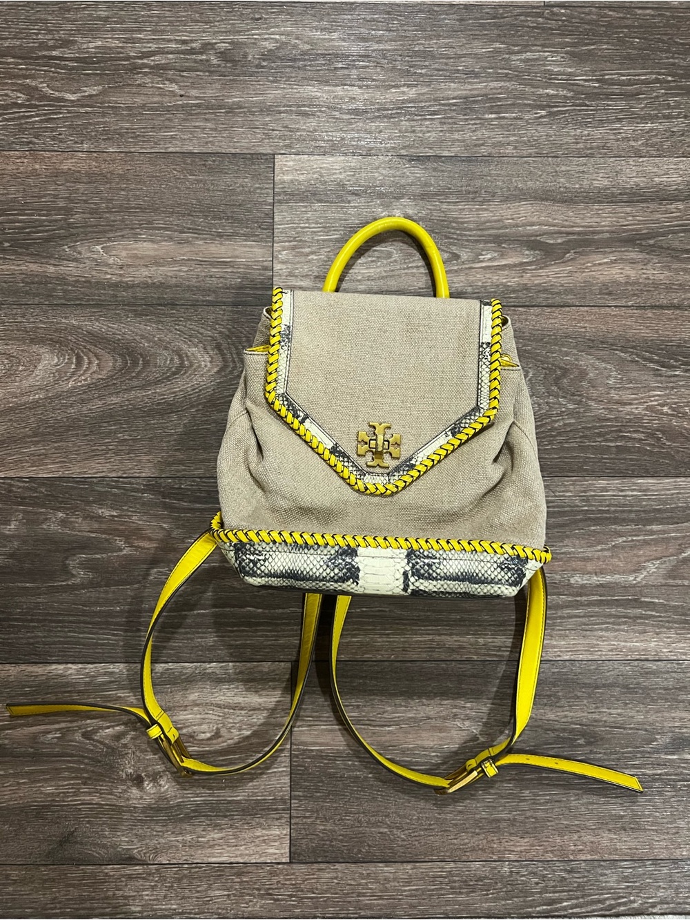 TORY BURCH Kira Braided Beige Canvas Backpack with Yellow Trim and Snakeskin